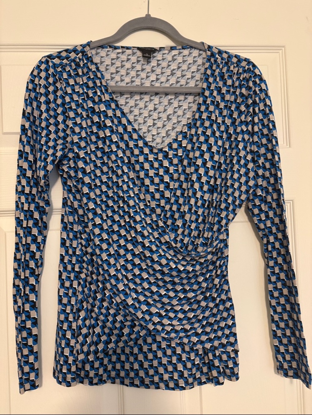 Ann Taylor Blue Geometric Wrap-Style Long Sleeve Top